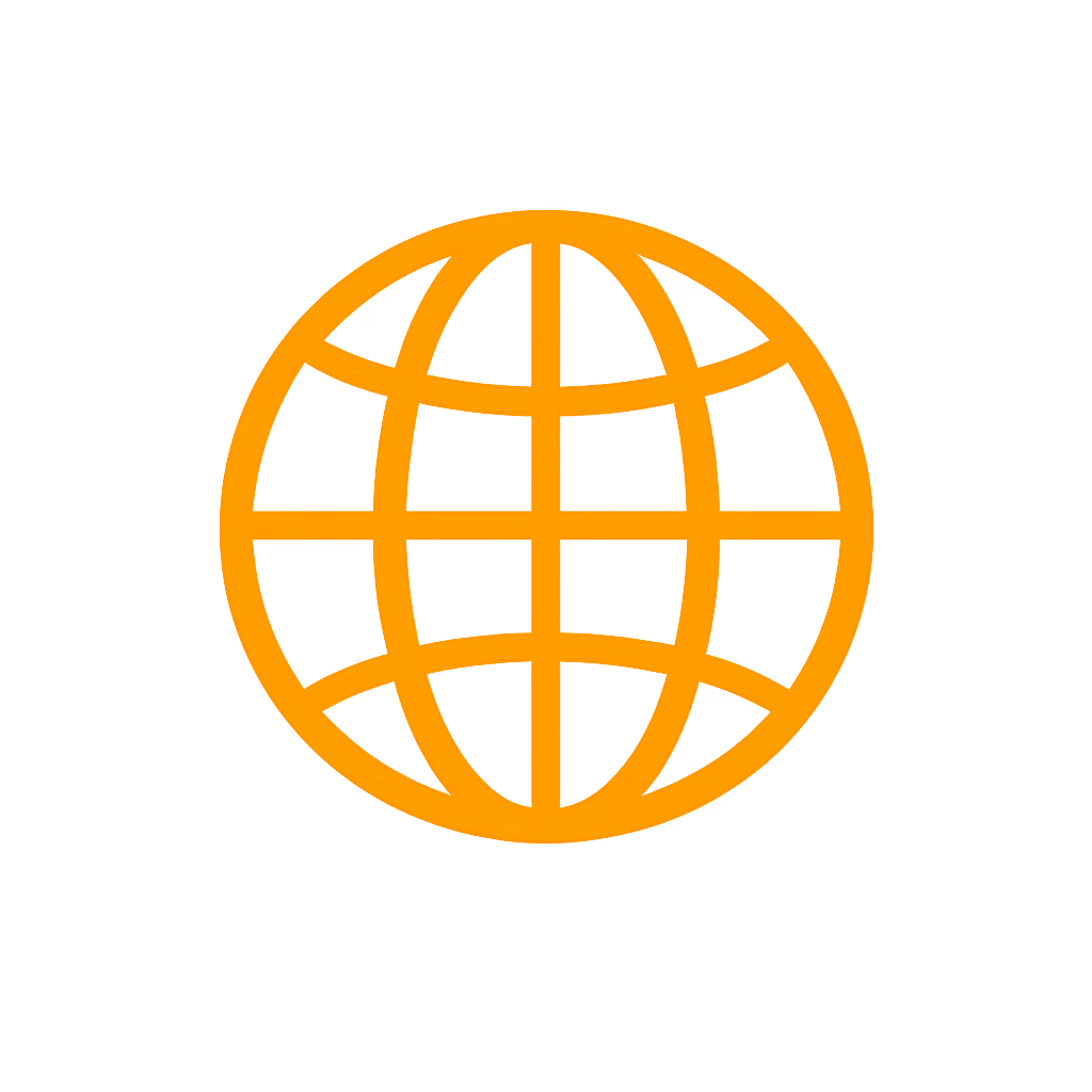 Orange globe grid icon with horizontal streak lines on a gray background.