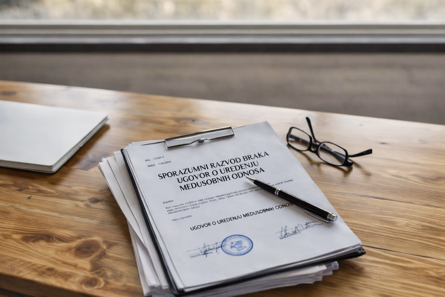 Stack of signed divorce agreement documents with a pen and black glasses on a wooden table.