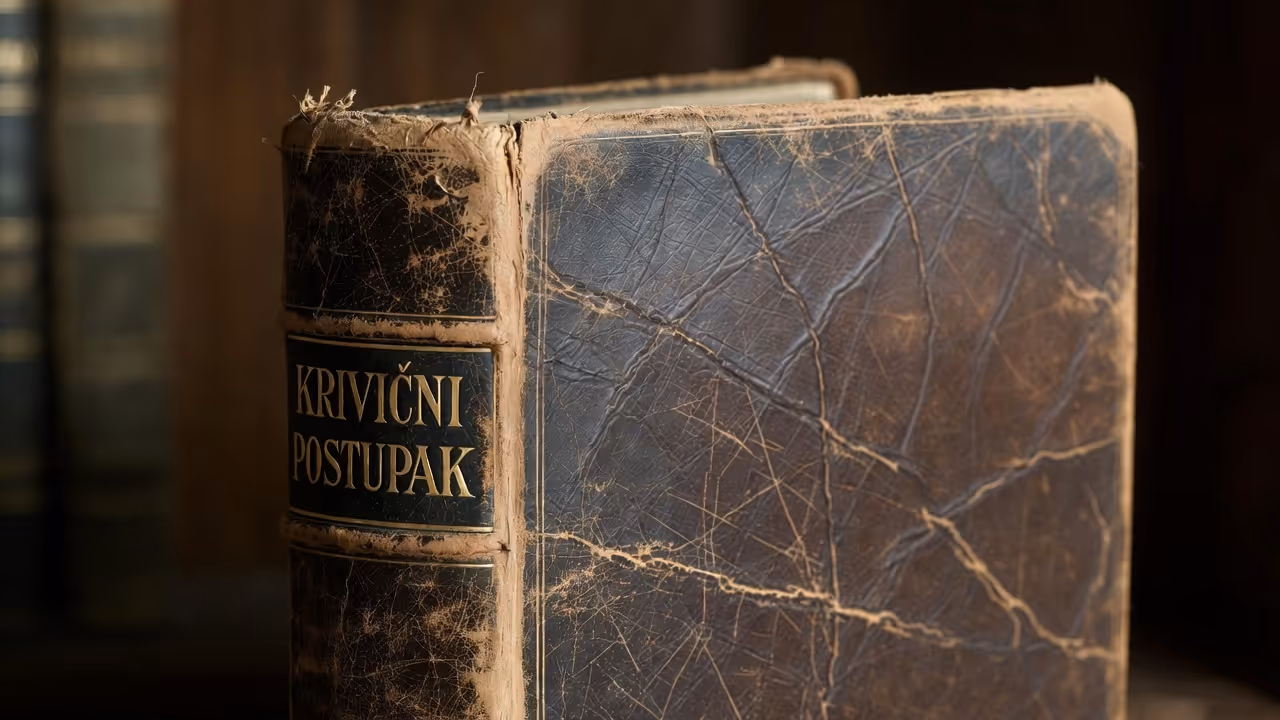 Close-up of an old, worn leather-bound book titled 'Krivični Postupak' with visible cracks and frayed edges.